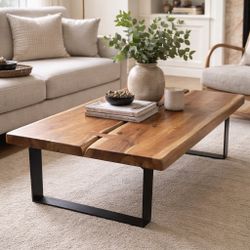Live Edge Solid Wood Coffee Table with Bowtie Inlays & Steel Base