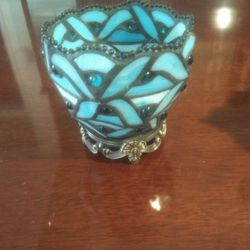 Vintage  Blue Mosaic Stained Glass Candle Lamp 