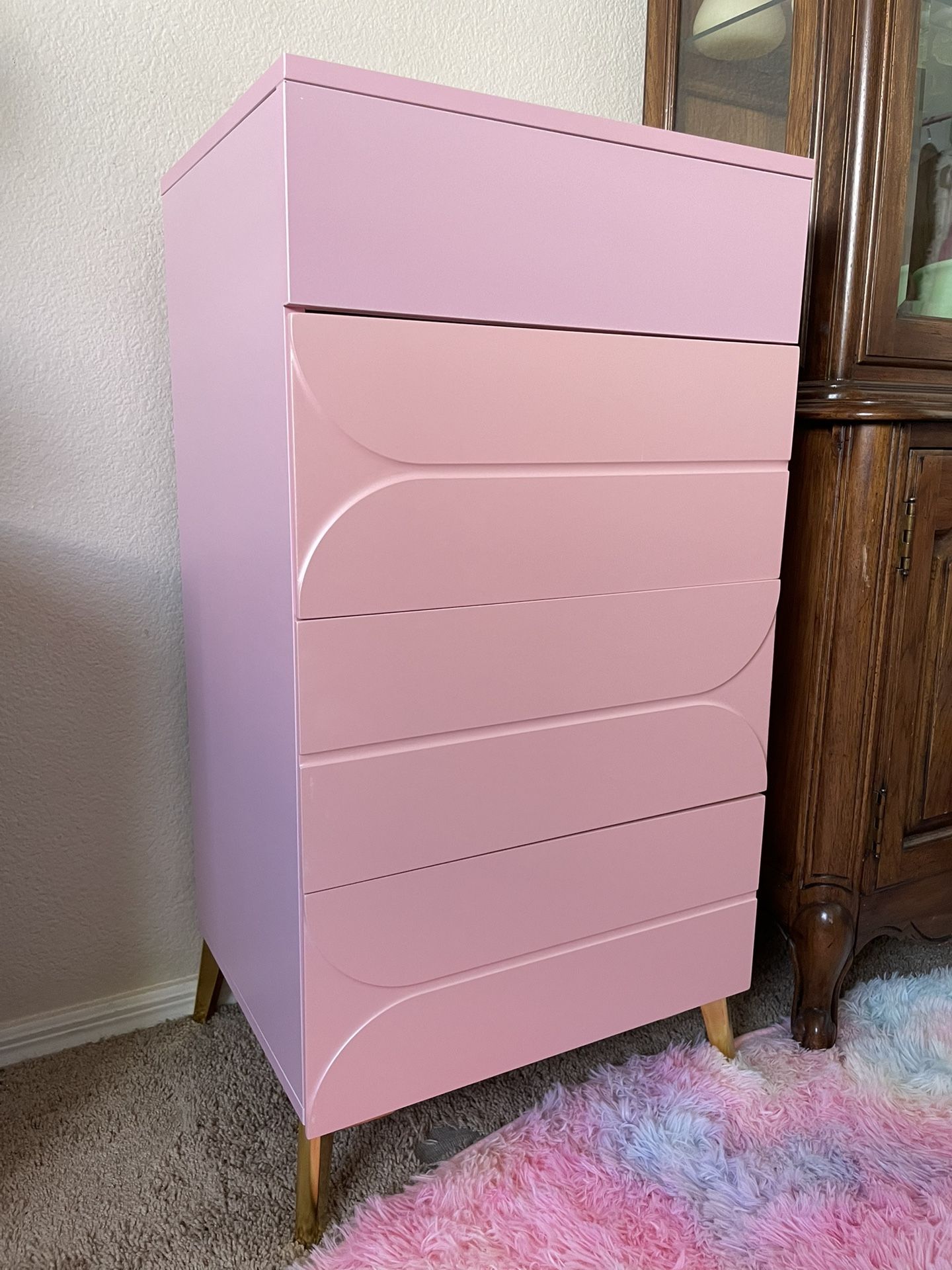 Pink Modern Light Up Mirror Makeup Vanity  3 Drawer Dresser 