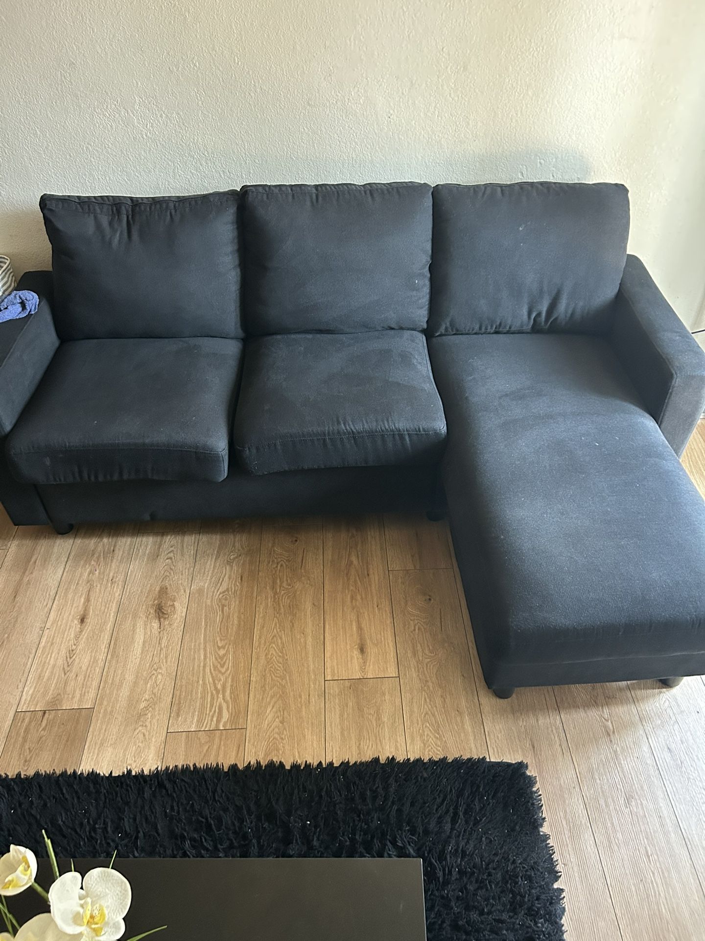 Black Couch With Living Room Table Set & Tv Stands With Lights
