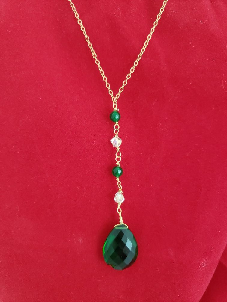 22 Kt Gold Plated Necklace with Emerald Green Pear Briolette