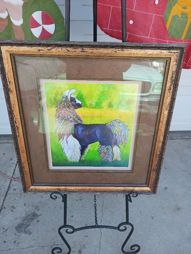 Vintage Professional Framed Llama Or Alpaca Vibrant Signed Watercolor Painting