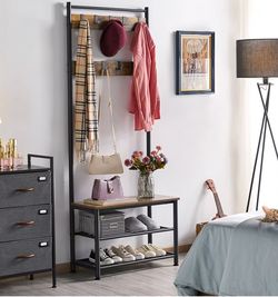 73"H Metal Hall Tree with Shoe Storage Bench Coat Rack