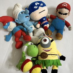 Plush Collectibles: Mario, Smurfs, pokemon, captain of America, minion
