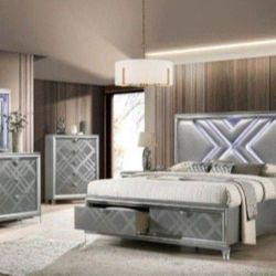 Brand New Silver 5pc Cal. King Size Bedroom Set With Led Lights  And Usb Charger 