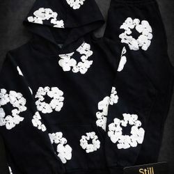 Black Graphic Hoodie & Sweatpants Set – White Pattern – Size M – New