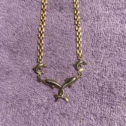 Vintage Gold Double Dolphin Pendant With 7” Gold Chain