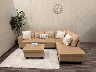 Tan Sectional Couch w/ Storage Ottoman - Delivery Available