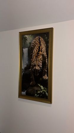 Framed Leopard Jungle Print — Waterfall Scene & Gold Frame | 26.5” × 14.5”