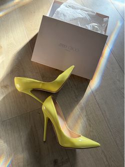 Jimmy Choo Anouk Patent Leather Lemon Pointy Pump Heels