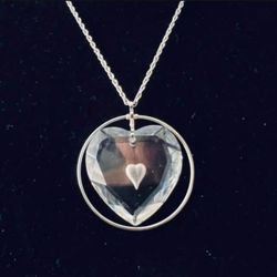 Vtg 1977 Hallmark Lead Crystal Floating Heart Necklace Silver 20” Chain w Gift Bag