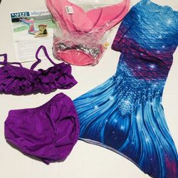 Purple Mermaide Little Girls Bathing Suit Plus Accessories  Size 6-7