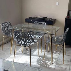 Boho Gray Gold Dining Table Set For 4