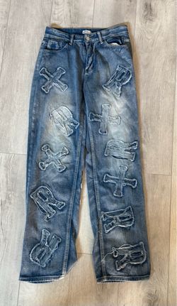 Kollyy Y2K Cross Letter Patch Baggy Jeans Size S Distressed Streetwear Denim
