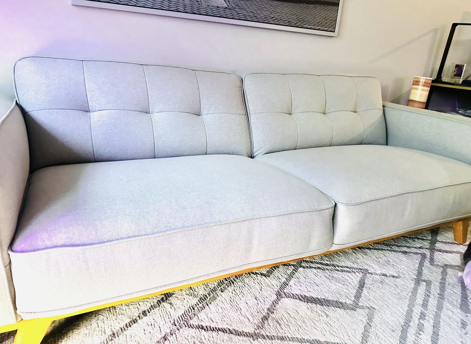 Mid Century Modern Sofa Light Grey Fabric 