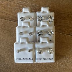 Round Cubic Zirconia Cast Basket Stud Earrings Lot Of 6