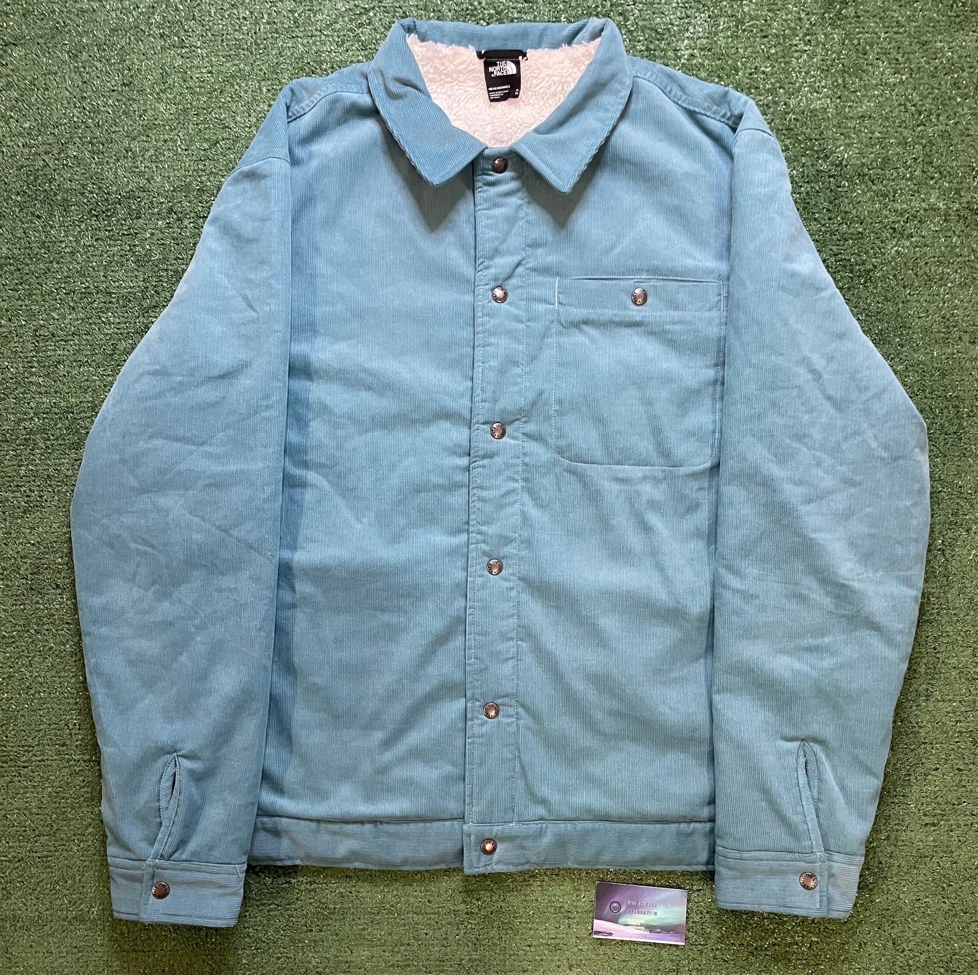 The North Face algae blue Sherpa Button up jacket