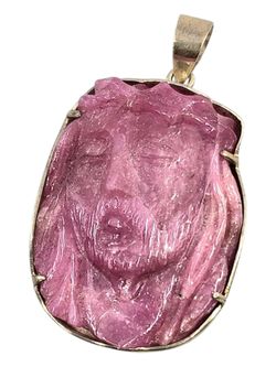 Large Jesus Christ Natural Ruby carved Sterling Silver Pendant