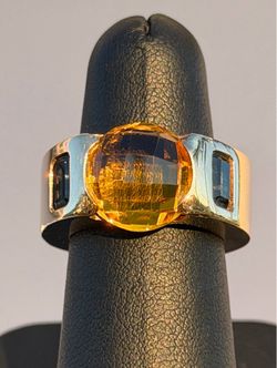 14k solid yellow gold Natural round 10CT yellow Citrine & 1.25CTW Blue Topaz Emerald cut stone lady’s ring Sz6.75