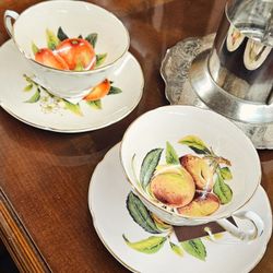 English Fruit Fine China Saucer And Cups