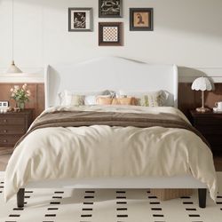 Full Size Bed Frame with Velvet Upholstered Wingback Headboard, Personalized Platform Bed, No Box Spring Required, White