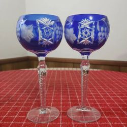 2 Cut To Clear Bohemian Czech Style Cobalt Blue Wine Hock Balloon Glasses