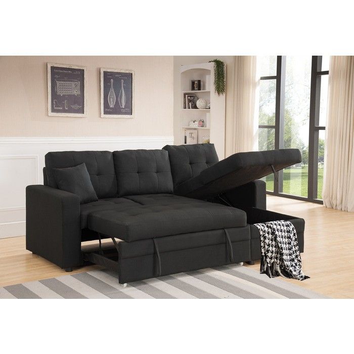 BLACK Fabric Reversible Pull Out Sectional Sofa & Storage