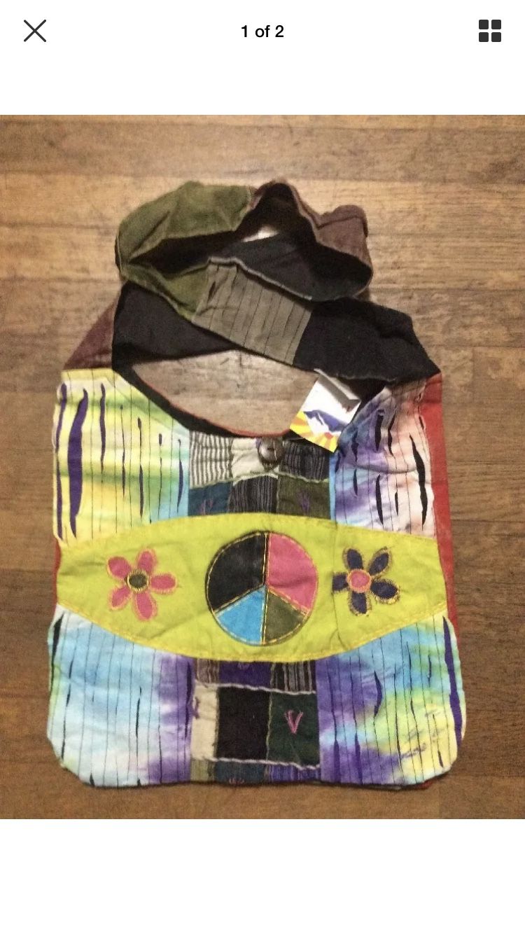 Nepal Patchwork Peace Sign HOBO PURSE tote bag sack handbag hippie Wide Strap