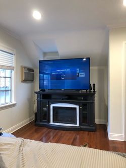 66 inch grey infrared quartz electric fireplace and tv stand or media cabinet