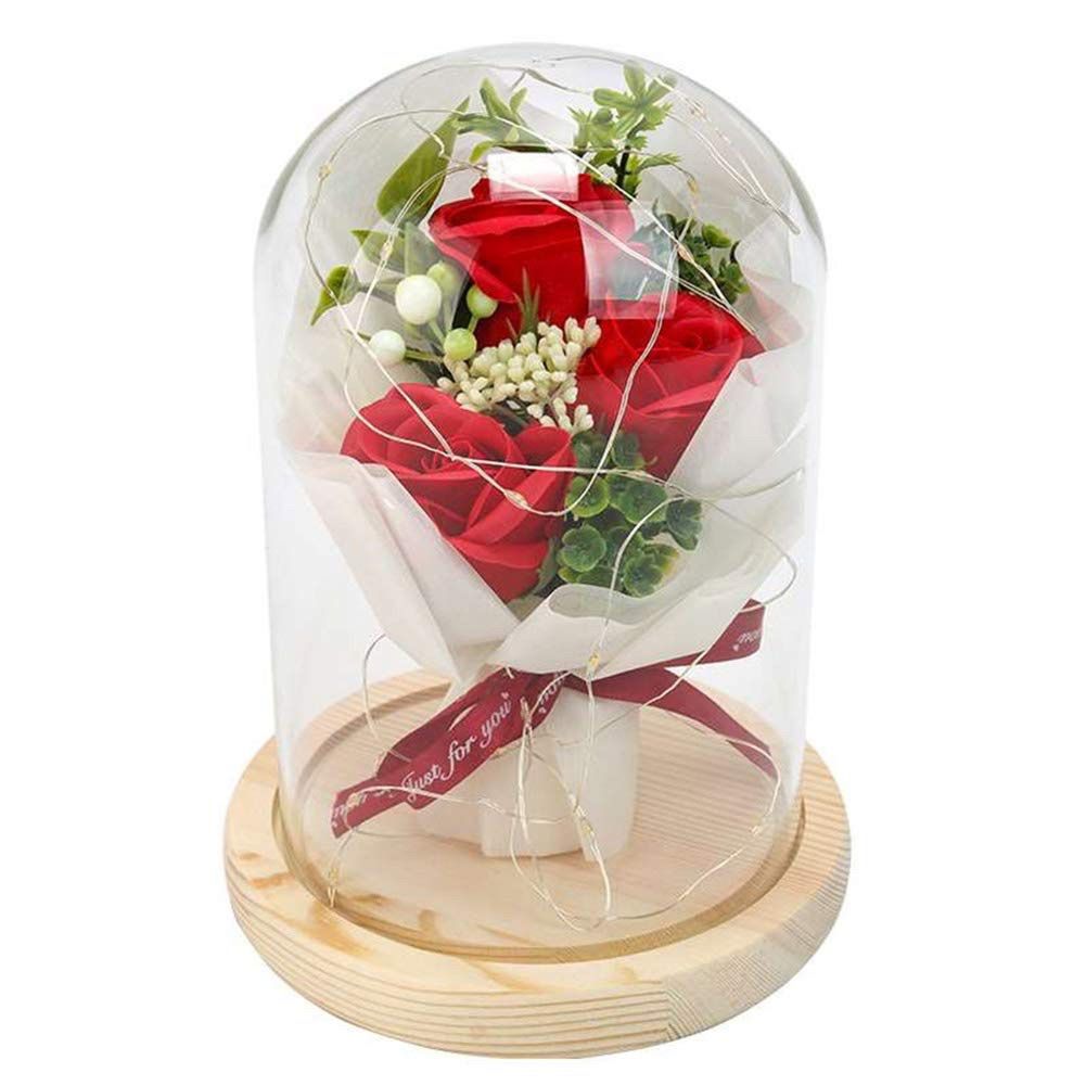 Artificial Flower Rose Unique Romantic Gift with LED Light String Colorful Soap Flower Lasts Forever in A Glass Dome Fake Flower Girl Women Gift for V