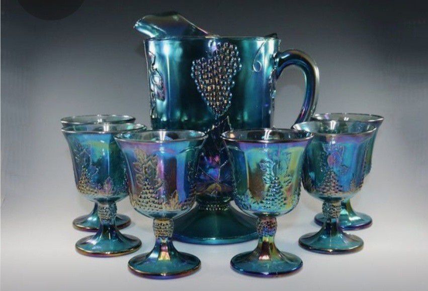 Vintage  Blue Carnival  Glass Pitcher And 4 Goblets