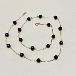 Vintage Jacmel Mauritius 10K Yellow Gold Black Onyx Beaded Necklace