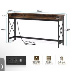 Turrella 70.9 in. Brown Extra Long Sofa Console Table with Outlets and USB Ports.