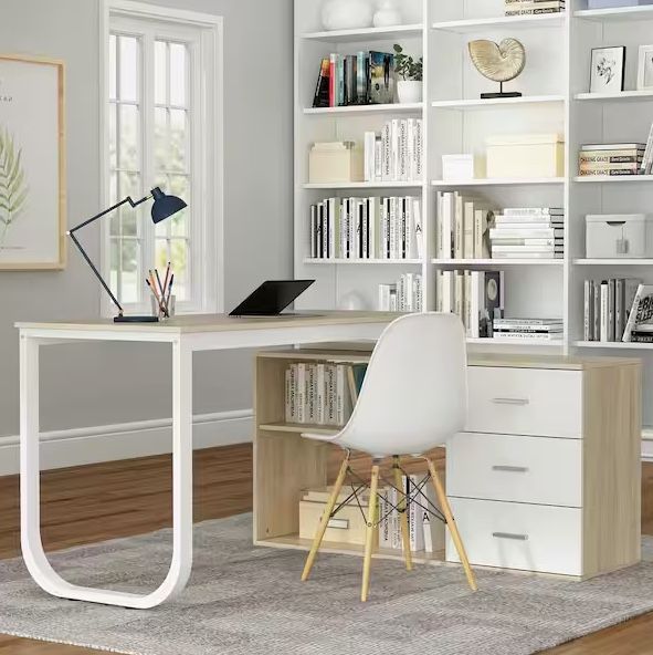 55.1 in. L-Shaped Brown Wood Computer Desk Writing Desk Office Executive Desk W/Removable Tabletop, Shelves, 3-Drawers