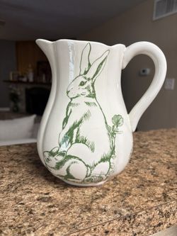 Vintage Bunny Toile By J Willfred White Green Bunny Pitcher Pottery, Free Shippi