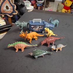 Dinosaurs Lot of 9 Incl: Shark Truck, T-Rex, Brontosaurus, 2 Triceratops, Dilophosaurus, 2 Ankylosaurus & Euoplocephalus
