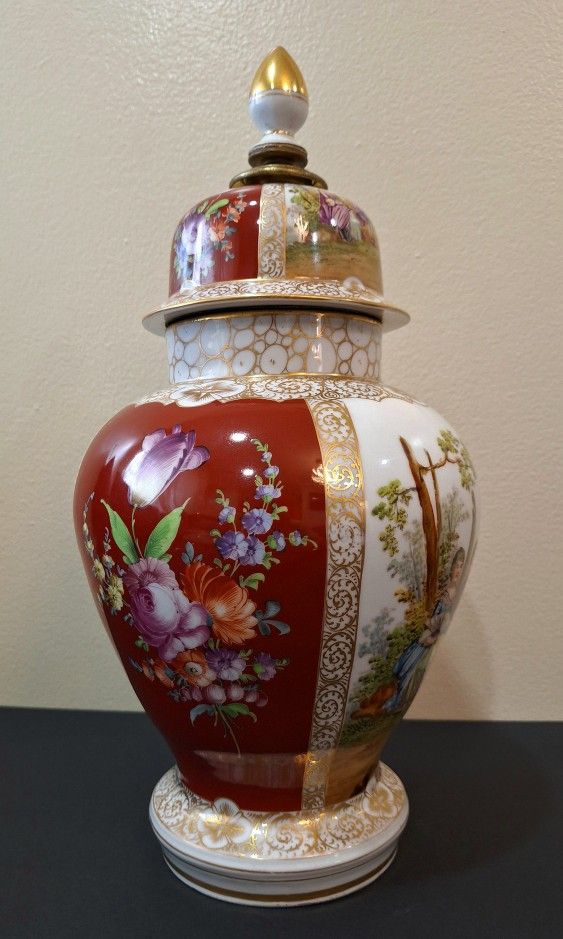 DRESDEN PORCELAIN LIDDED URN - 15" TALL - HAND-PAINTED & GILDED 