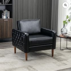 Accent Chair, Modern PU Leather Single Sofa Chair with Wood Legs, Comfy Upholstered Armchair Reading Club Chair for Living Room Bedroom Office, Black
