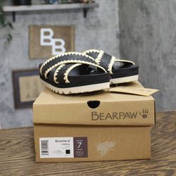 Nwt Bearpaw Faux Leather Slide Sandals Black / Off White 7m
