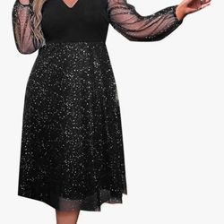 Glitter Sequin Dresses for Women Mesh Long Sleeve V Neck Midi Dress Elegant Sparkly Evening Cocktail Party Dresses. Size 2XL