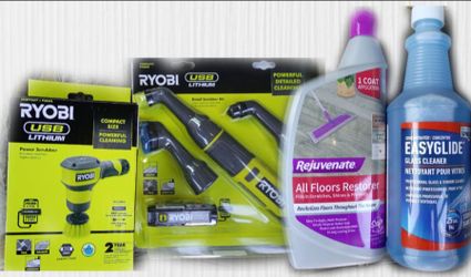 Lot of cleaning stuff all new unopened(2 Ryobi power scrubbers & floor and window cleaner.)