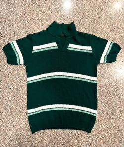 boohooMAN Men's Short Sleeve Knit Polo Shirt Green with White Stripes