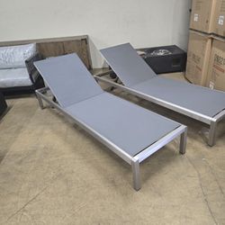 Brand New Pair of Gray Aluminum patio sling outdoor chaise loungers - wheels for easy moving