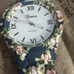 Geneva Platinum Analog Quartz Watch With Ceramic Style Blue Floral Pattern With Pink And White Roses