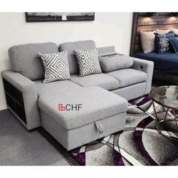 Gray  Fabric Left Facing Chaise Sectional Sleeper Sofa With Pull Out Bed  