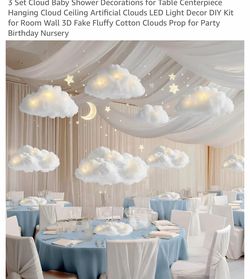 3 Set Cloud Baby Shower Decorations for Table Centerpiece Hanging Cloud Ceiling Artificial Clouds LED Light Decor DIY Kit for Room Wall 3D Fake Fluffy