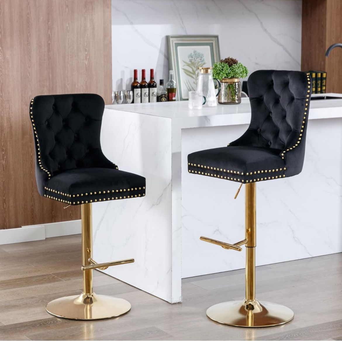 Black Velvet Bar Stools Set of 3, Adjustable Swivel Counter Height
