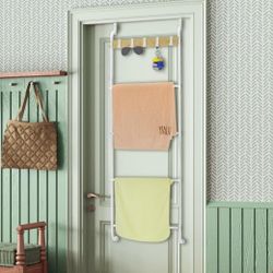 BTY Over The Door Towel Rack with 5 Additional Hangers in White NEW.