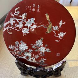 Round/Red Chinese Flora Lacquare Display Plate Stand