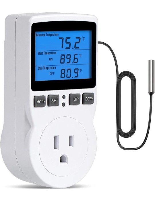 Digital Thermostat Outlet Plug Temperature Controller Heating Cooling With Probe. Used Like New. The Digital Thermostat Outlet Plug is a wall-mounted